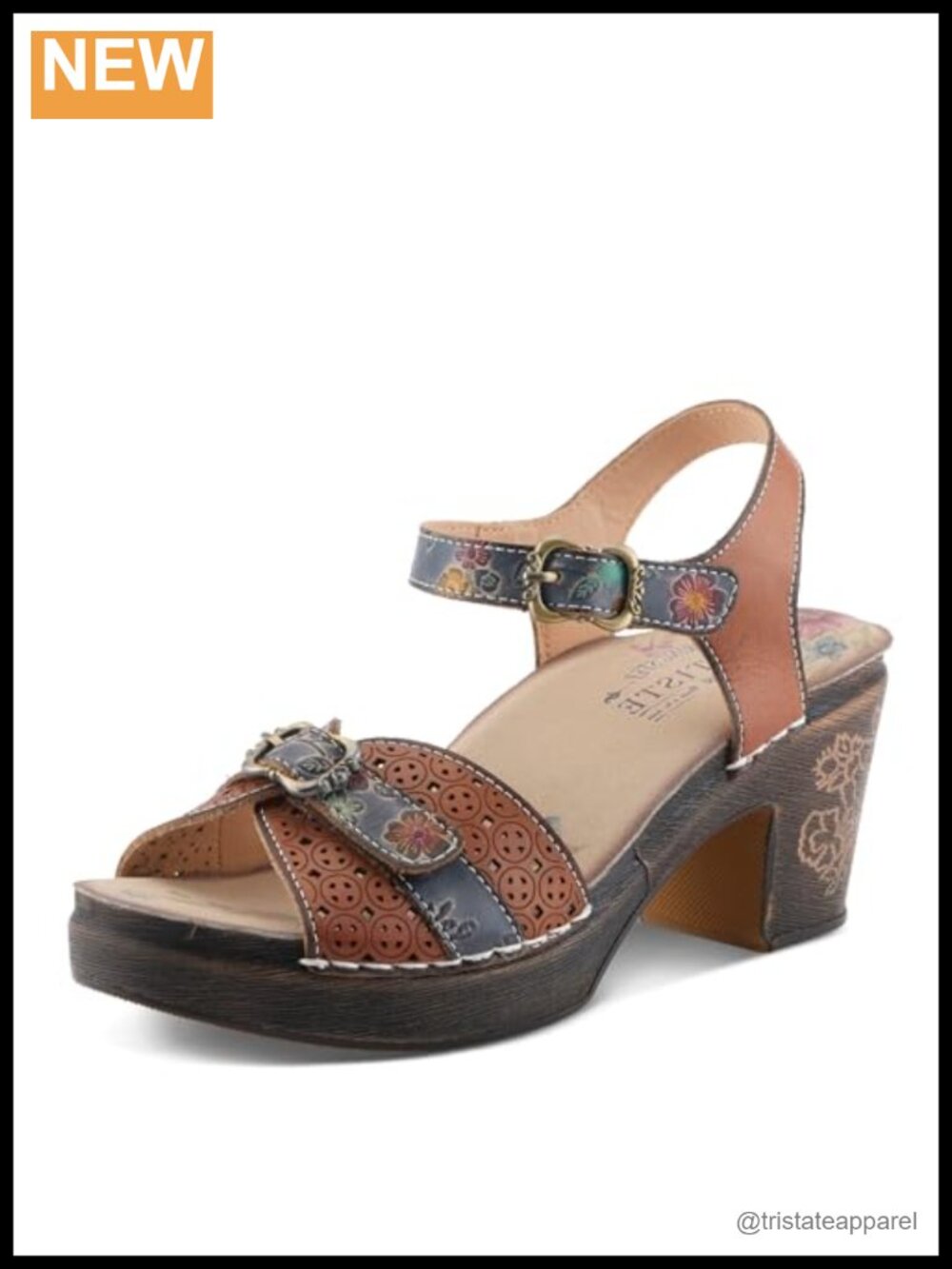 Platform Sandal with Leather Straps, Cushioned Insole & Floral Block Heel